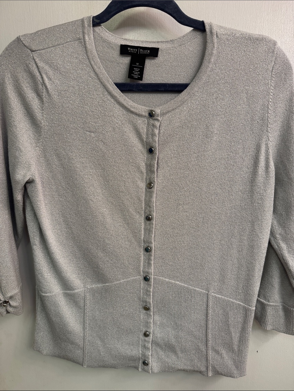 White House Black Market Silver Sparkle Button-Up Cardigan